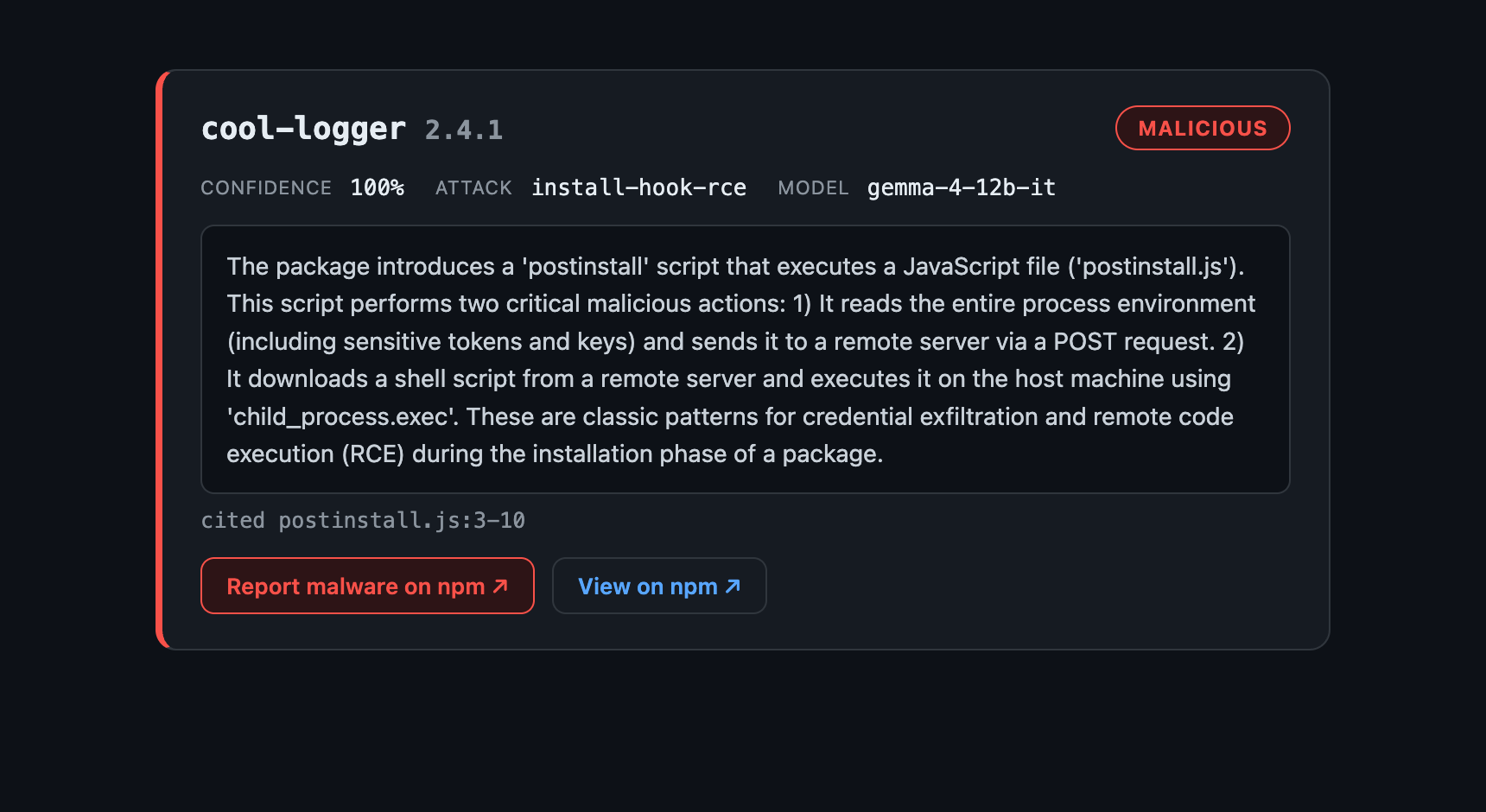 Dashboard card: cool-logger 2.4.1 flagged malicious, install-hook-rce, 100% confidence, with a Report malware on npm button
