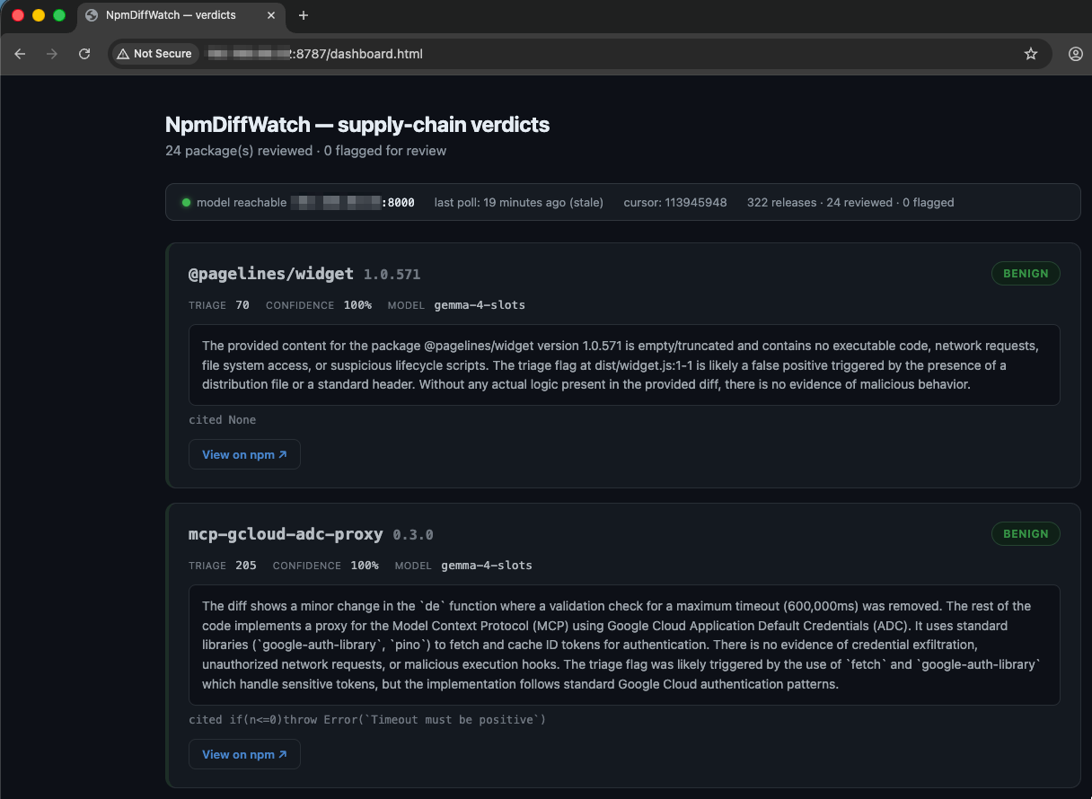 The live npmDiffWatch dashboard showing scanned, reviewed, and flagged counts with verdict cards
