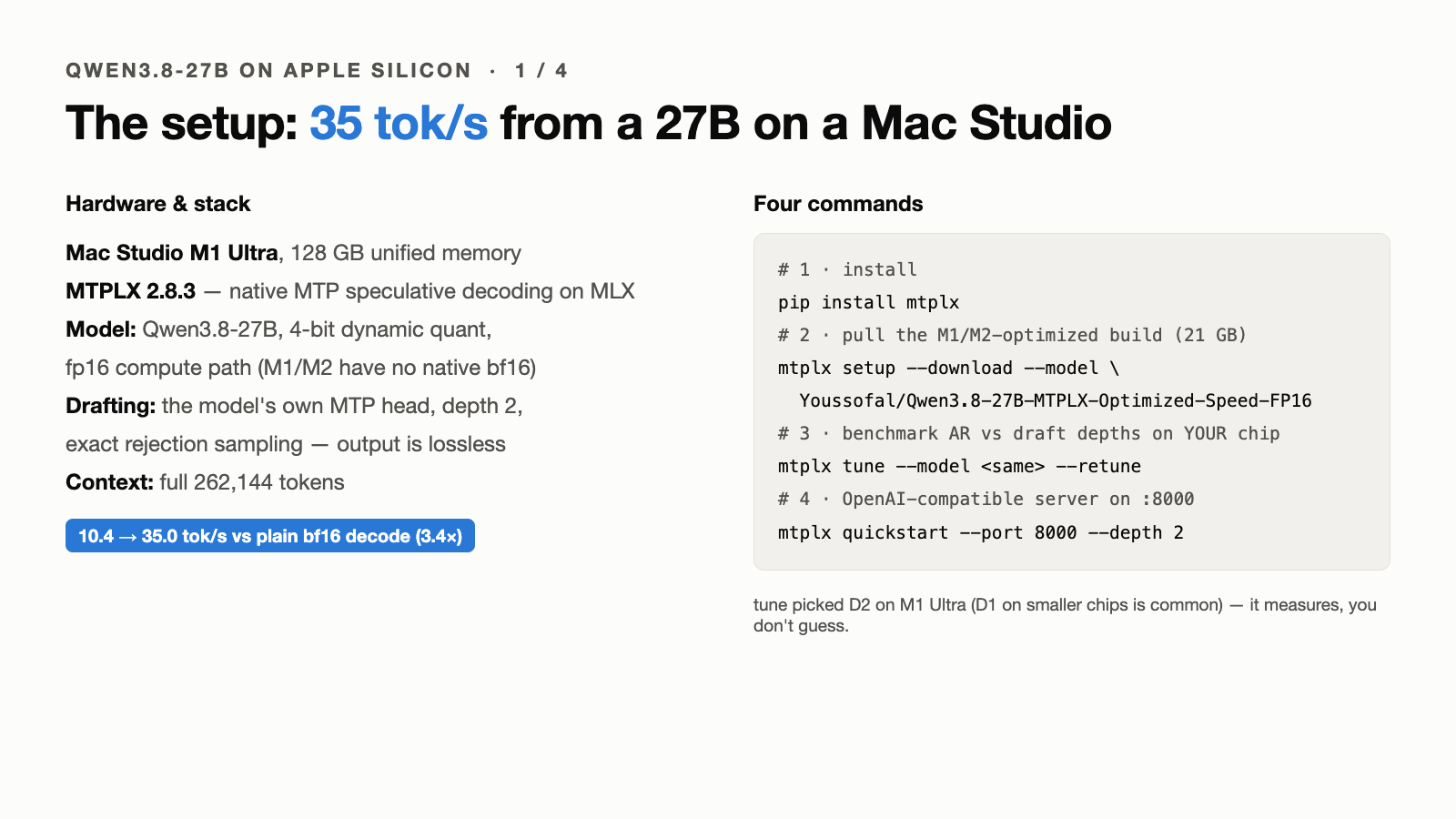The setup: Qwen 3.8 27B on an M1 Ultra in four commands, via the model’s own MTP head