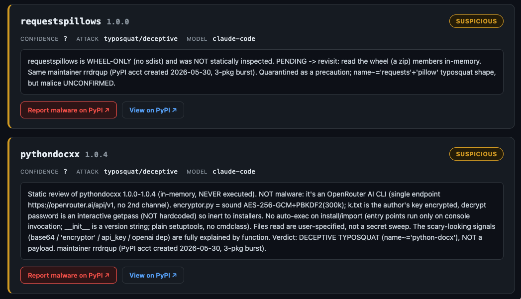 Dashboard cards: requestspillows 1.0.0 and pythondocxx 1.0.4 flagged as deceptive typosquats from the same fresh maintainer account